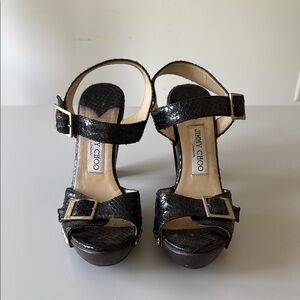 Jimmy Choo Black Sandal Heels with Snake Finish